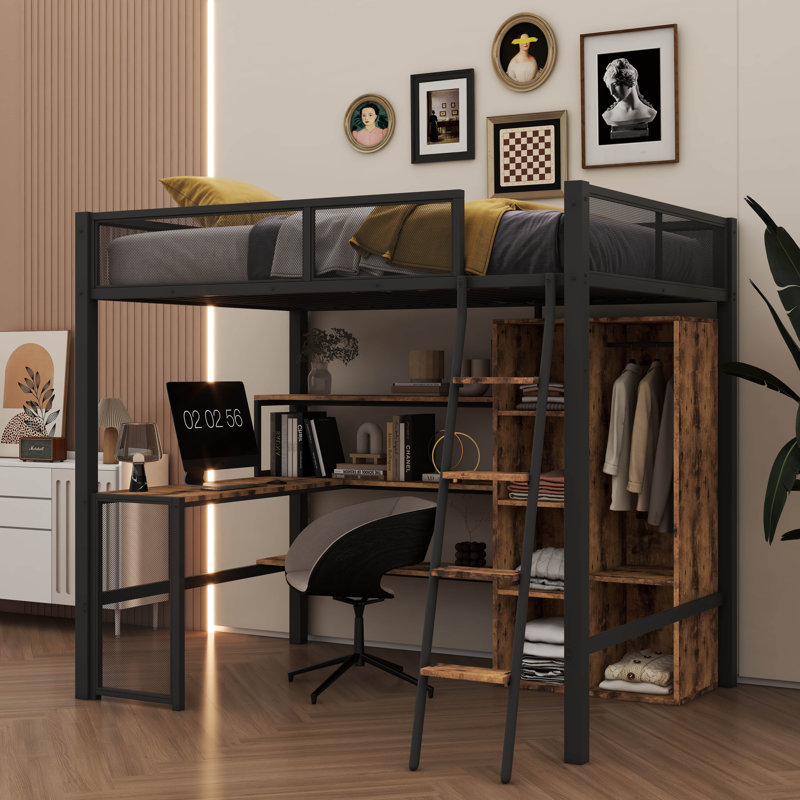 Lit mezzanine double en métal avec garde-robe et étagère pour poste de travail intégré