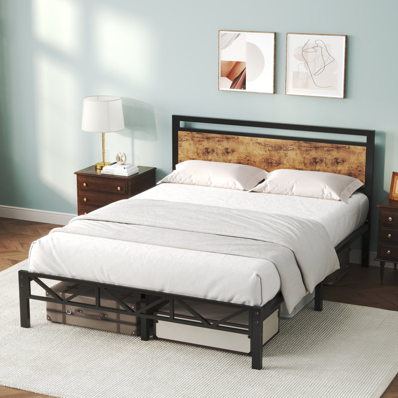 Full Size Bed Frame With Headboard & Footboard, Easy Assembly Sturdy Metal Platform Bed, Anti-slip & Silent Support, No Box Spring Needed With Underbed Storage, Modern Bedroom Furniture, Walnut