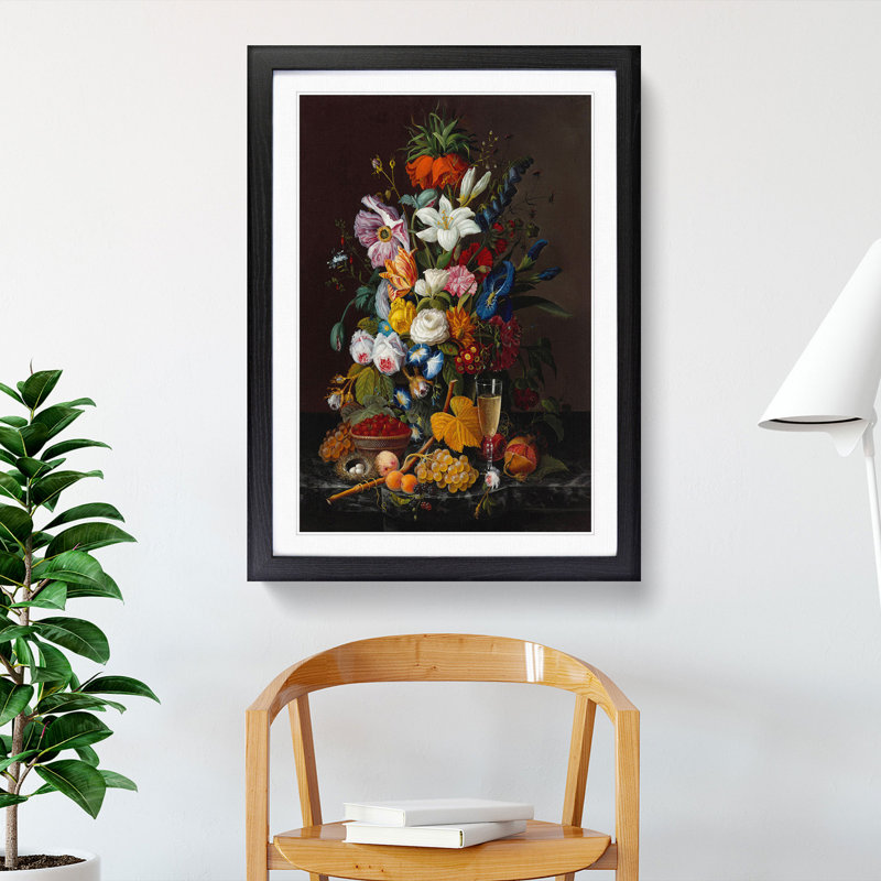 Still Life with Flowers and Fruit Vol.10 by Severin Roesen - Picture Frame Painting, 48cm H x 36cm W x 2cm D, Black