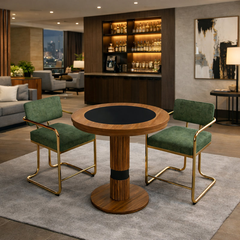 Prohibition Series 30" Pub Table - With Two Vintage - Armed Barstools By RAM Game Room, Brown/Green/Gold