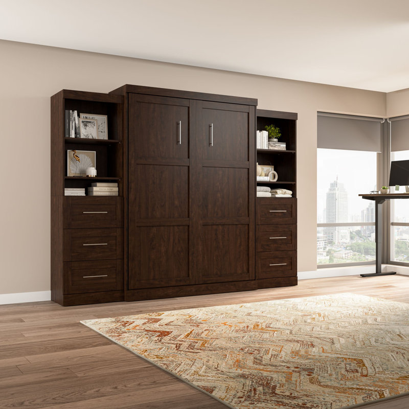 Arlex Storage Murphy Platform Space-Saving Wall Bed, 2 Shelving Units with Drawers, Chocolate, Queen
