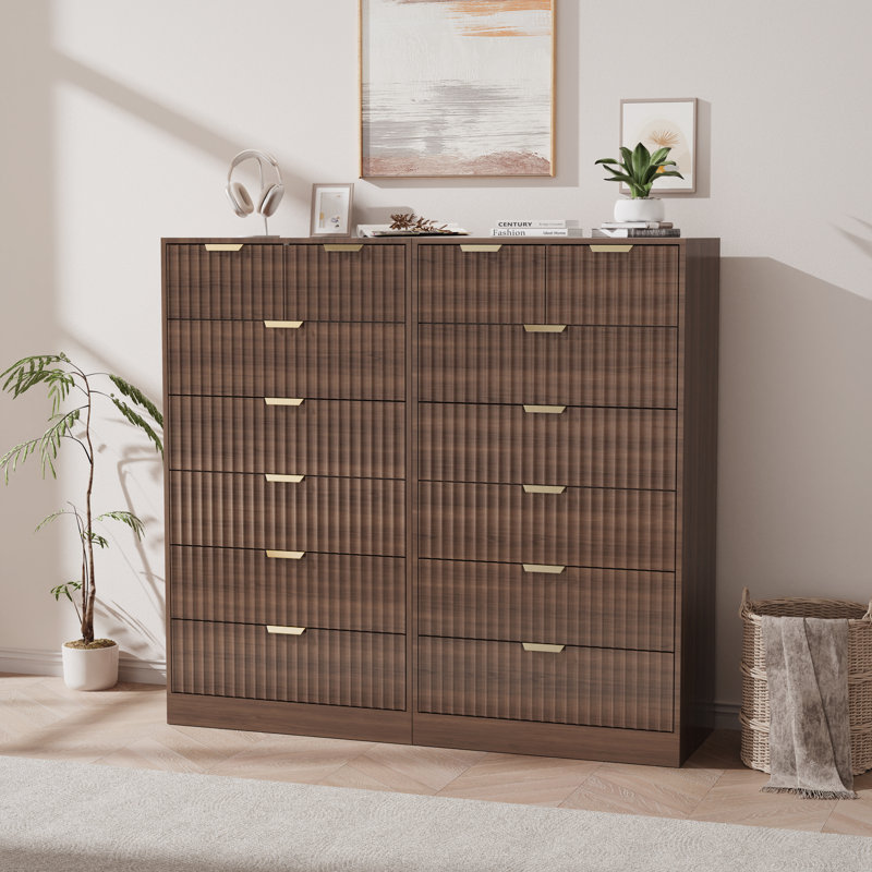 2-piece Set Fluted Tall 7 Drawer Dresser, 51.38" Vertical Storage Chest With Deep Drawers, Modern Wood Clothes Organizer Cabinet, Dressers & Chests Of Drawers With Large Capacity For Bedroom, Entryway, Living Room 