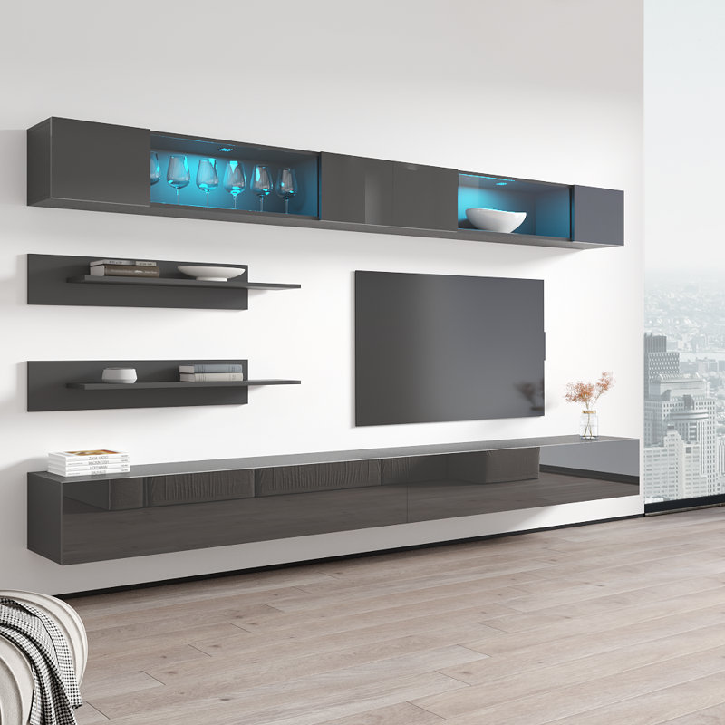 Meuble audio-vidéo mural flottant moderne de 126 po avec éclairage à DEL 16 couleurs Chanera, Gris