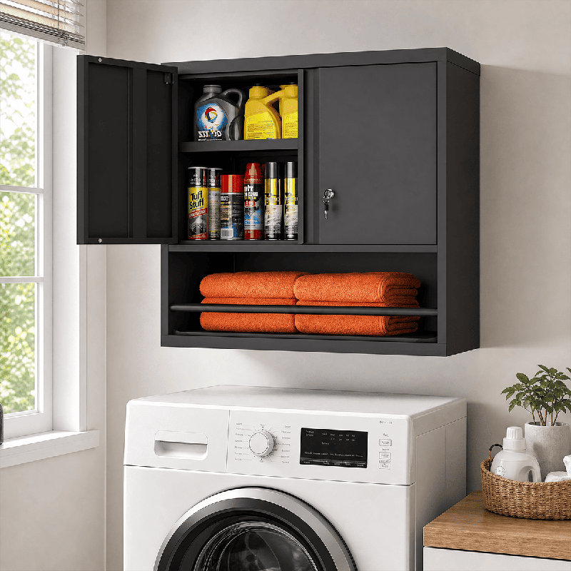 Steel Kitchen Pantry Cabinet With Lock And Open Shelf - 120LB Capacity Adjustable Metal Storage Cabinet,Wall-Mounted Organizer