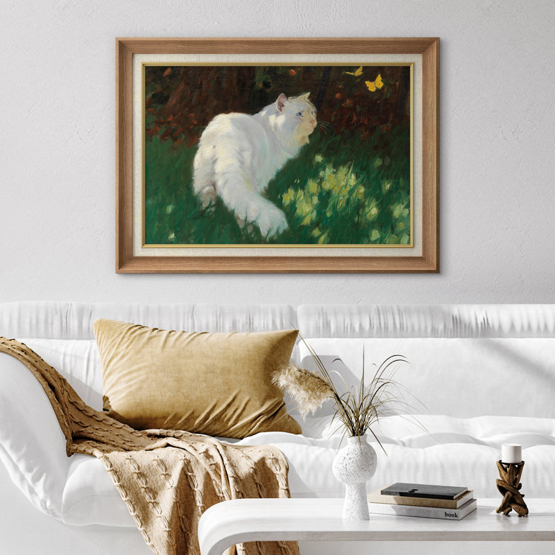 Art de chat blanc dans un pré vert, images de salon, impression sur toile encadrée sur toile., H 26 po x l 36 po