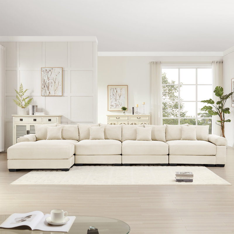 Canapé modulaire surdimensionné en L surdimensionné en tissu velours côtelé, avec repose-pieds profond, accoudoirs larges, conception ergonomique, 12 coussins décoratifs, assemblage facile