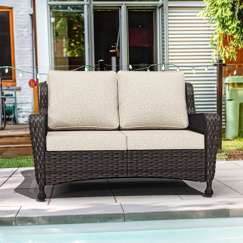 Outdoor Patio Rattan Loveseat With Cushions, Beige