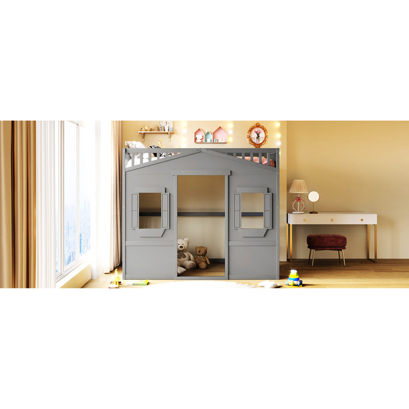 Lit mezzanine double avec - Gris, fait de bois massif pour la longévité gris, offrant une solution de chambre à coucher à la mode