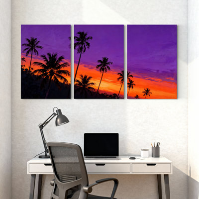 Palm Trees Purple Sky Palm Trees Sunset Reflection Water Set of 3 Canvas Wall Art Prints