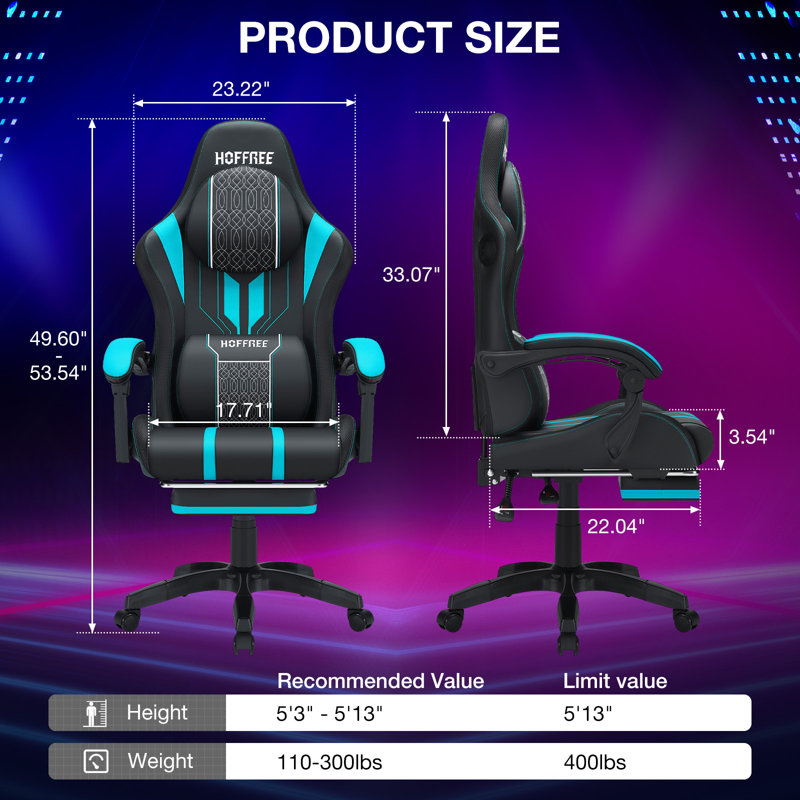  Ergonomic Gaming Chair with Speakers RGB LED Lights and Massage, Blue