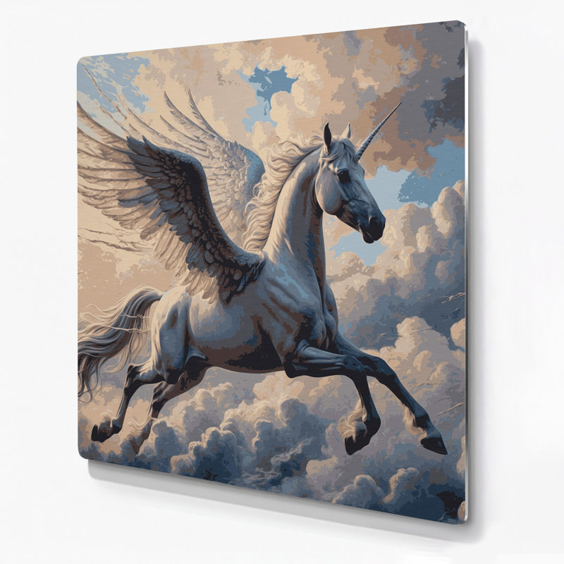SciFi Pegasus flying through clouds Beige Metal Wall Art