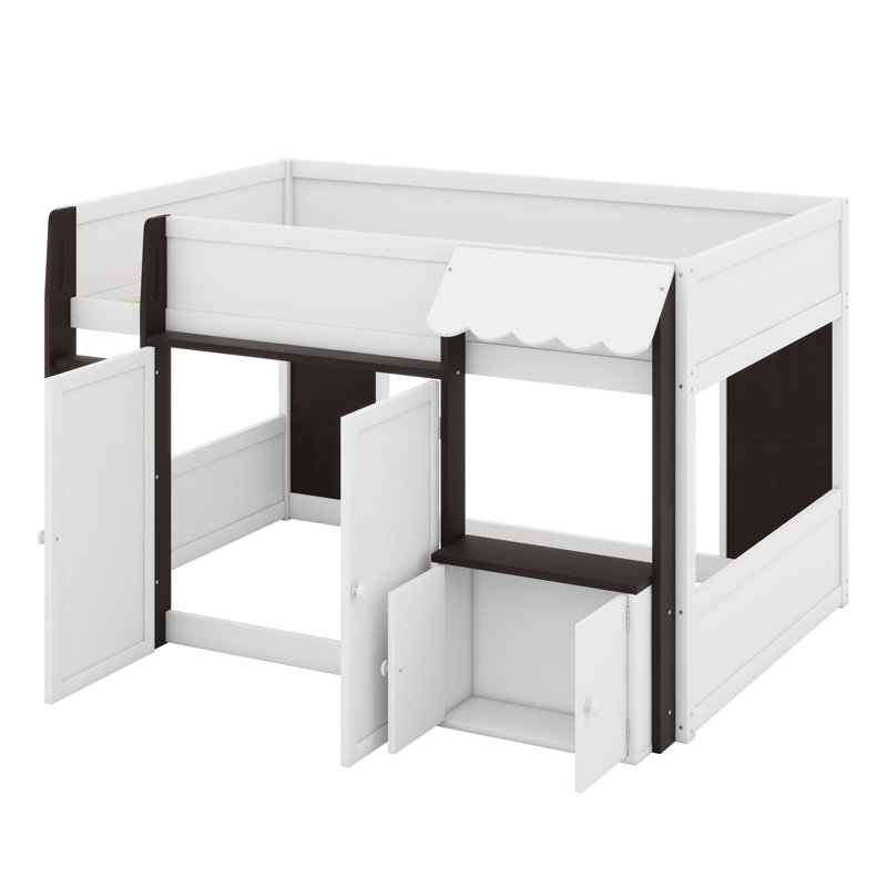 Modern Loft Bed with Playhouse Design & Storage, White+Espresso