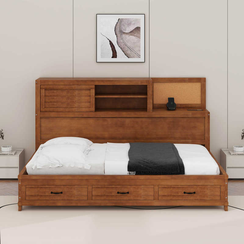 Lit de jour simple en bois avec 3 tiroirs de rangement, tablette et ports USB, Noyer