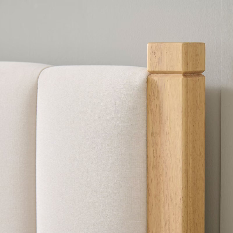 Lit plateforme tapissier scandinave avec structure en bois massif, Beige, Grand