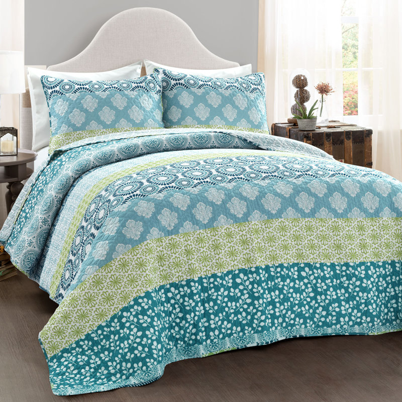 Bohemian 100% Cotton Reversible 3-Piece Quilt Set, King Quilt + 2 King Shams, Blue/Green Geometric
