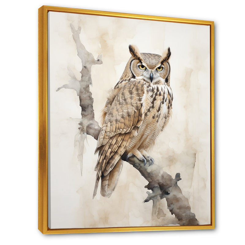 «Wise And Watchful Majestic Owl» sur toile, Cadre flottant doré, H 40 po x l 30 po x P 1,5 po