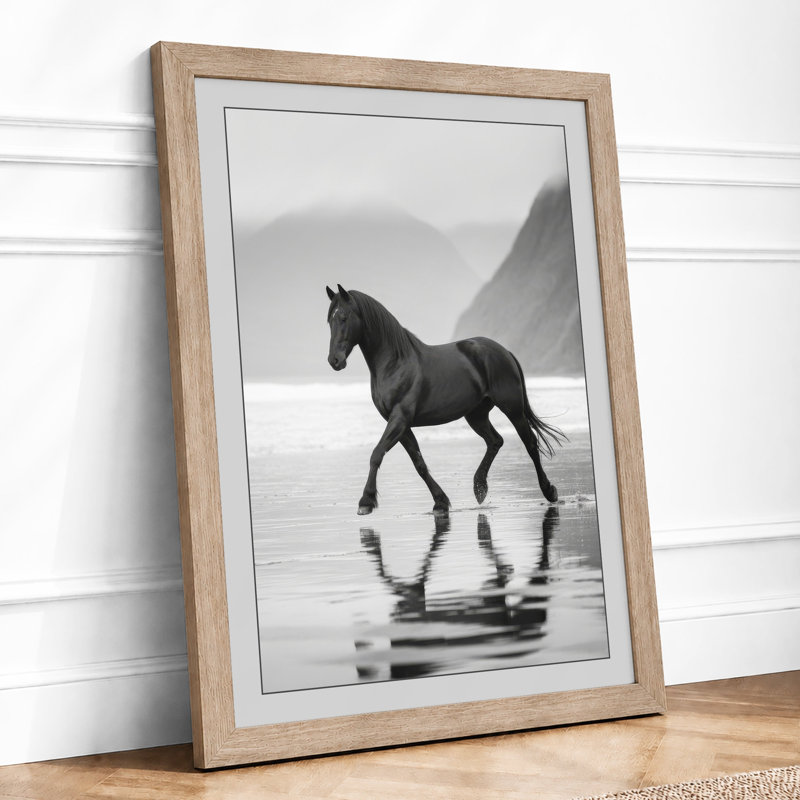 Horse on Empty Shore Minimalist 1 Piece Single Picture Frame Wall Art, A1 - 84.1 x 59.4 cm, Oak