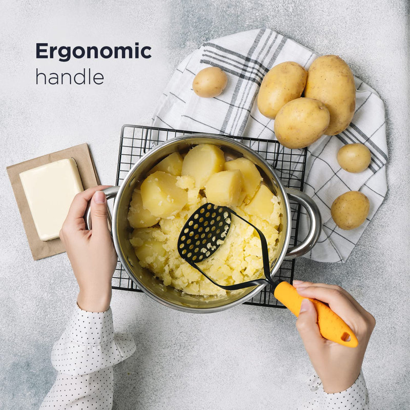 Heavy Duty Stainless Steel Potato Masher with Orange Rubber Handle