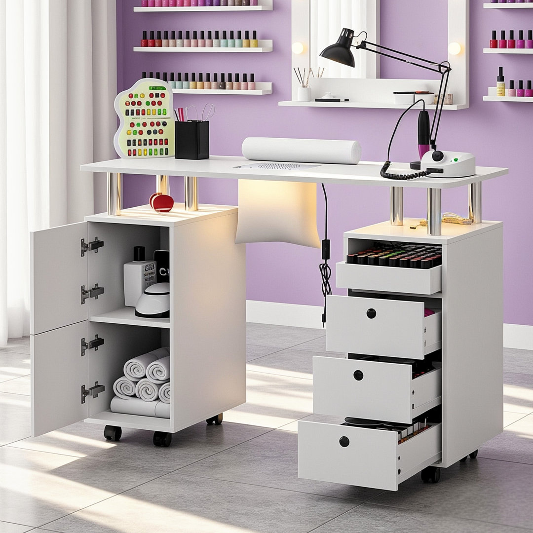 Nail Desk for Nail Tech with Electric Dust Collector, Rolling Manicure Table with Lockable Wheels, Storage Drawers, Wrist Cushion, Acetone Resistant, for Nail Beauty Salon Workstation