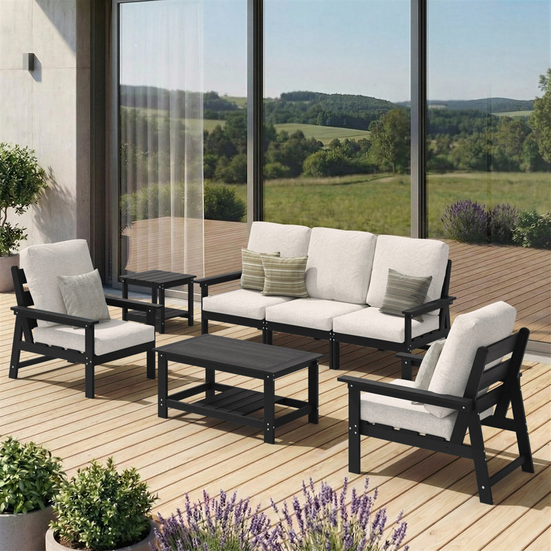 Outdoor patio 5-Person modular Sofa Conversation Seating Group with Cushions, Black, Beige