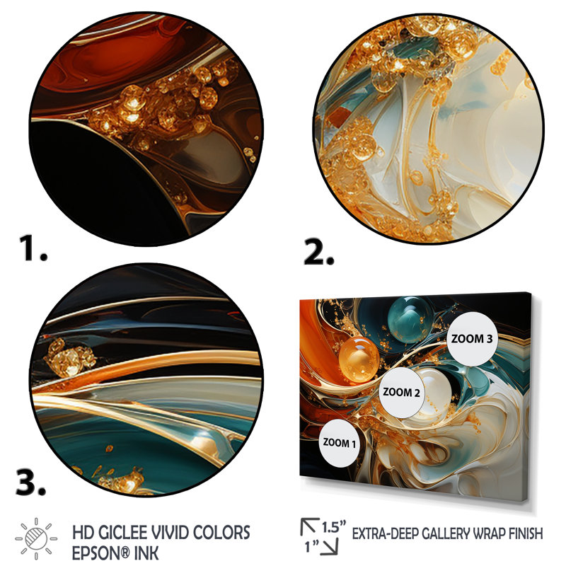 Planètes orange et or I - reproduction d'art sur toile, H 16 po x l 32 po x P 1 po, Cadre flottant doré