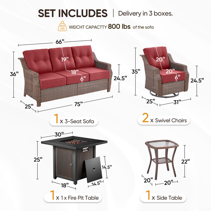 Elona 5-Piece Outdoor Wicker Patio Conversation Set With Square Metal Fire Pit, Swivel Gliders And Side Table For Patio, Red