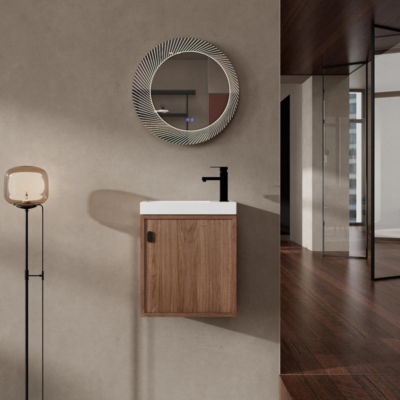 Meuble-lavabo mural avec lavabo, porte simple à fermeture douce, Noyer