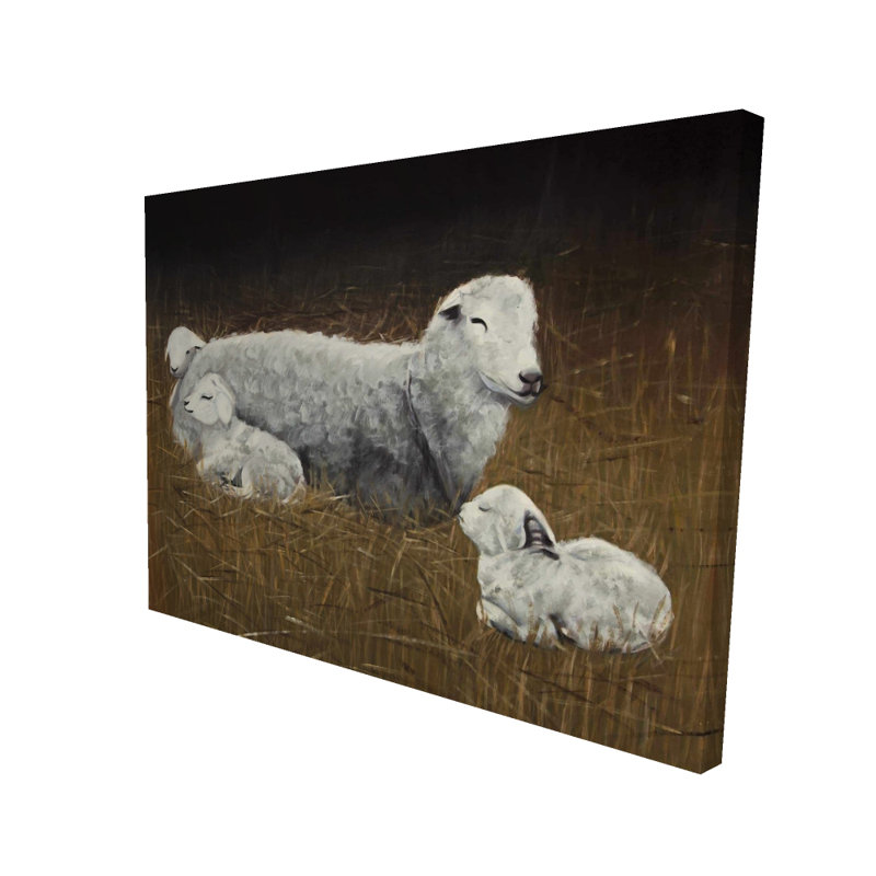 Mouton et agneaux, toile, animaux de ferme, H 48 po x l 36 po