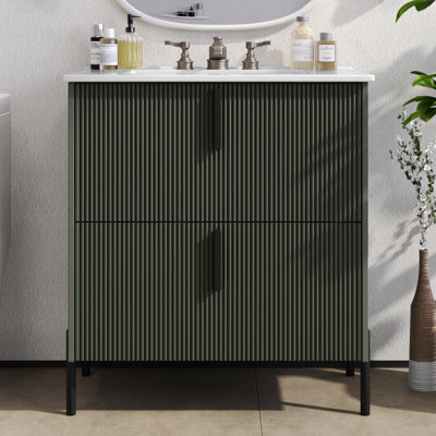 Meuble-lavabo à conception cannelée avec lavabo en céramique intégré et tiroirs à extension complète à fermeture en douceur