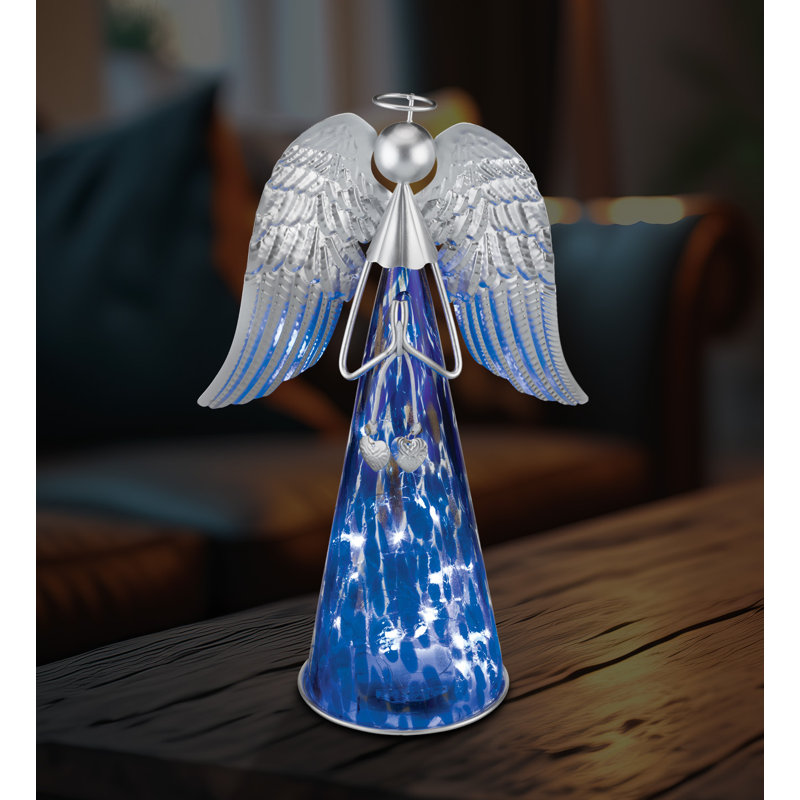 Murano Handcrafted Art Glass and Metal Indoor Angel Decorative Statuette with LED Lights, Blue