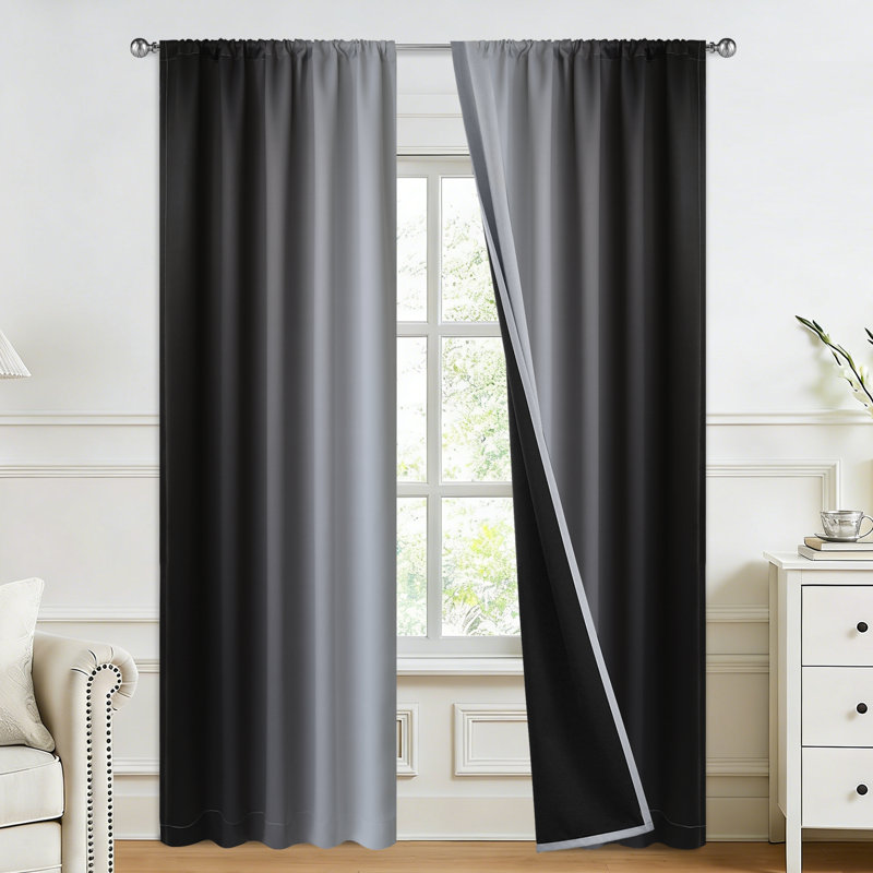 Ombre 100% Blackout Curtain-Room Darkening Rod Pocket Drapes for Bedroom & Living Room, Black, 52" W x 84" L