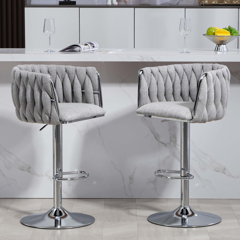 Tabouret de bar pivotant à hauteur ajustable avec dossier tissé et repose-pieds, Gris