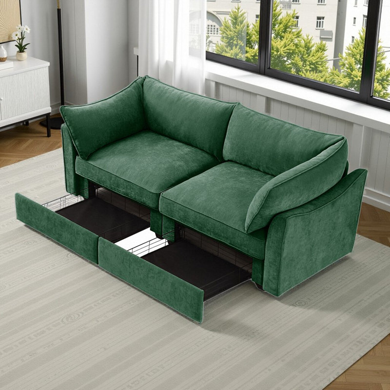 Canapé de rangement 2 places avec tiroirs coulissants - Causeuse en chenille avec rangement caché sous chaque siège, conception peu encombrante pour les petits salons et appartements