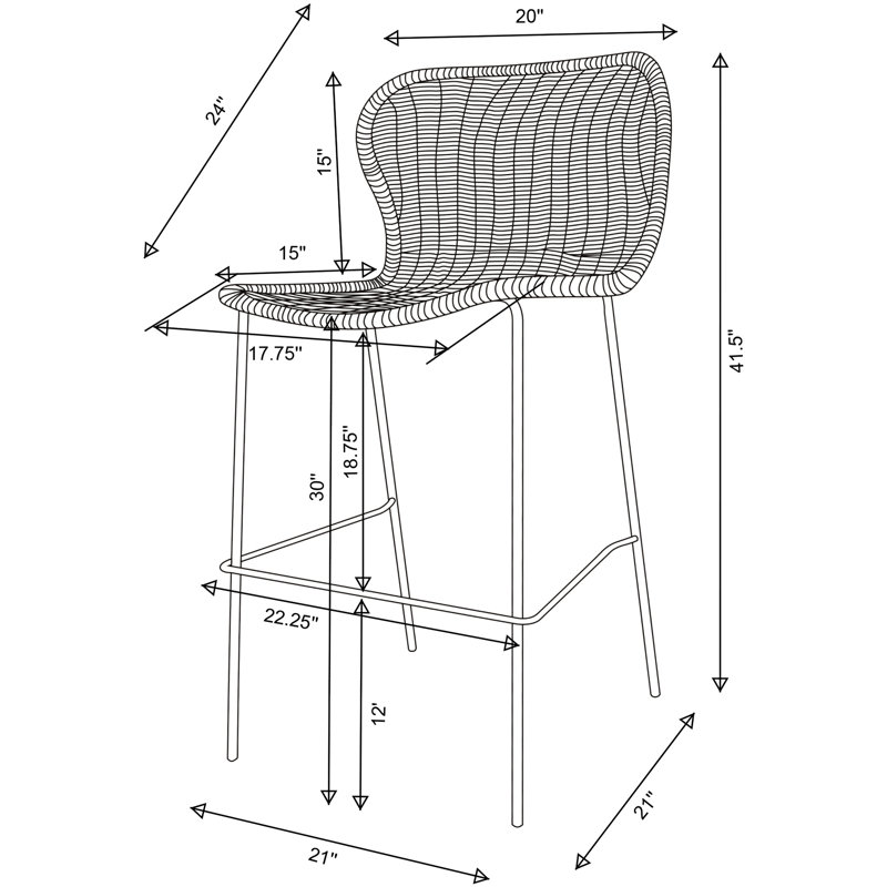Tabouret de bar brun en faux métal pour salle à manger - de 2, structure, profondeur de 24 po avec dossier solide, 41,5 po de hauteur, profilé