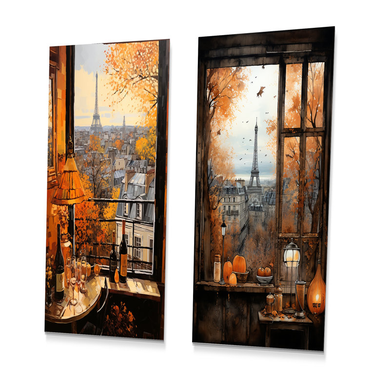 Retro Paris Window View IV - Paris, art mural en métal, ensemble de 2, H 32 po x l 32 po