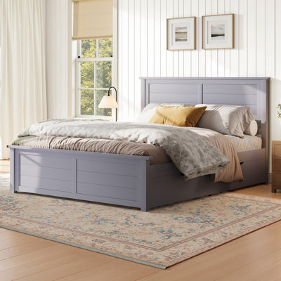 Grand lit plateforme en bois massif avec 4 tiroirs de rangement, pour enfants, adolescents, bleu gris