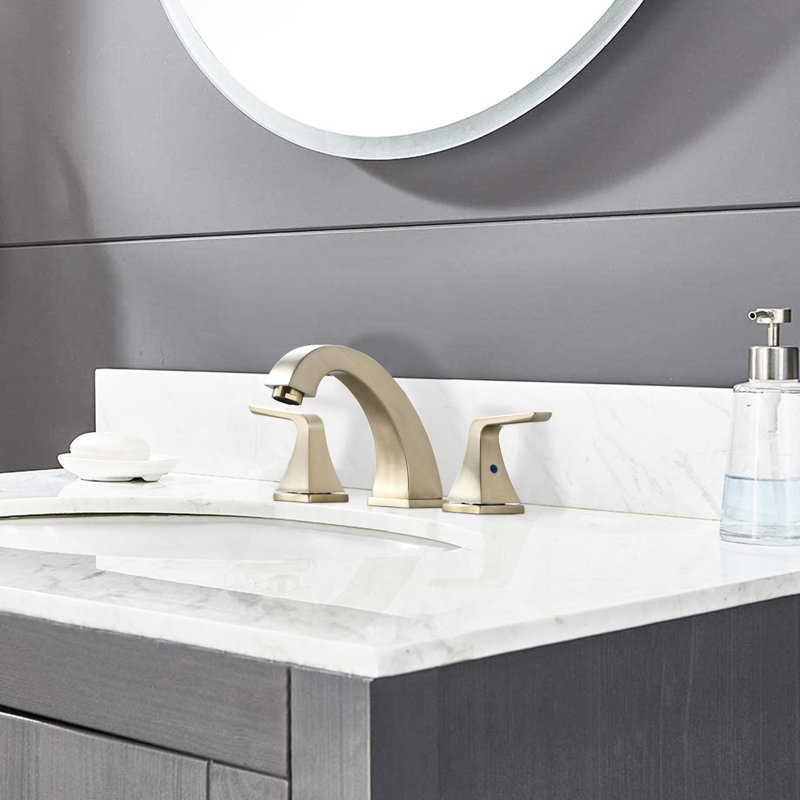 Brushed Golden Bathroom Sink Faucet, 8" Widespread, 2 Handles, Pop Up Drain, Easy Operation 2 Widespread Golden, Drain Included, Construction