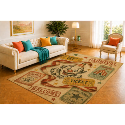 "Ultra Lightweight" 5'x7' Carnival Ticket Rug, Clown Face Ribbon and Admission Pass Artwork, Smooth Printed Floor Cover for Foyer, Lounge, Bedroom and Retro Decor