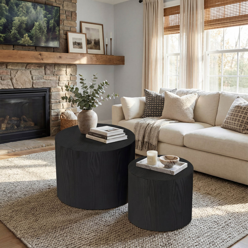Ensemble de 2 tables d'appoint gigognes rondes noires mattes et pieds antidérapants