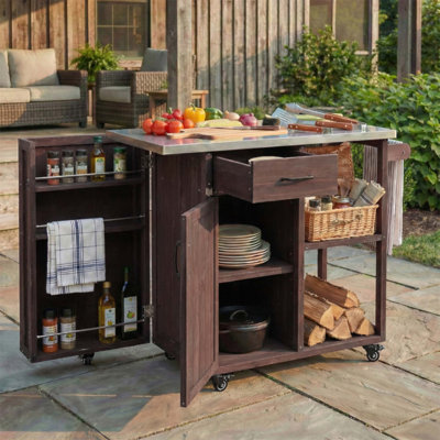 Station de préparation pour l'extérieur en bois de sapin avec plateau en acier inoxydable, rangement spacieux et roulettes verrouillables pour une utilisation en terrasse