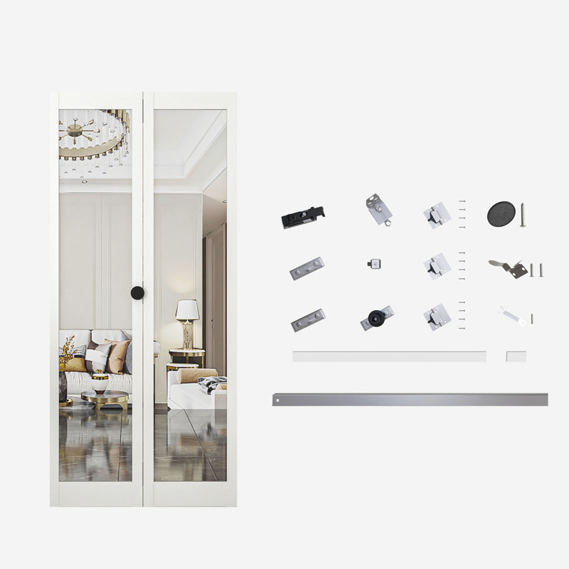 Porte de grange pliante 42 "x 80" (double porte miroir 21 "x 80") avec 1 miroir Lite, portes de placard pliantes, trousse de quincaillerie incluse, PVC, blanc, pour le salon, la salle de bain, la cuisine