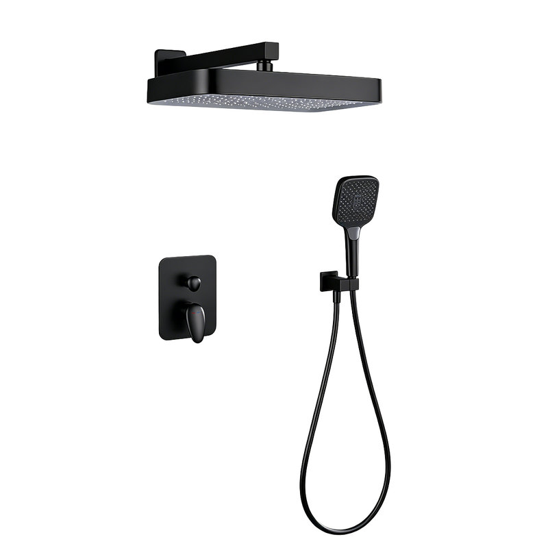 Système de douche encastré noir mat 0Ontz, ensemble de douche mural en laiton massif à 2 fonctions, grande douche à jet de pluie haute pression carrée et douche à main carrée à 3 modes, ensemble de garniture de mélangeur d'eau chaude et froide à deux poignées pour la salle de bain