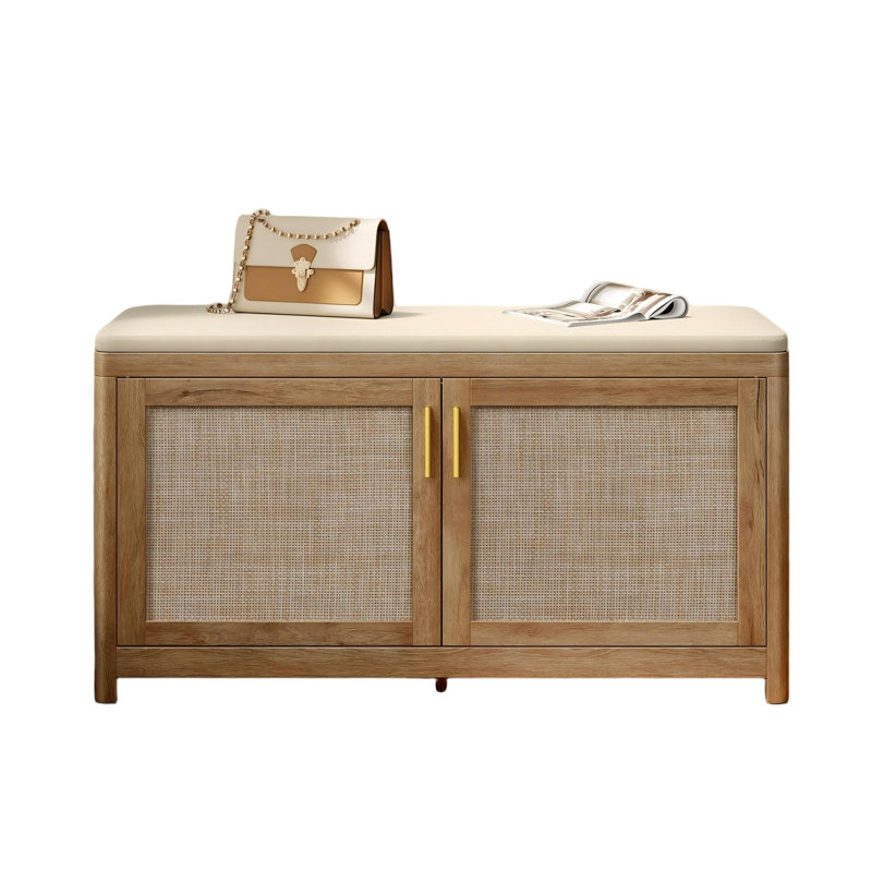 Banc à chaussures Boho avec coussin, banc de rangement pour hall d'entrée avec 2 portes d'armoire en rotin, pour chambre à coucher sous la fenêtre (brun naturel)
