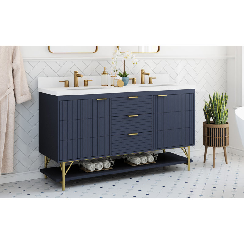 Ensemble de meuble-lavabo double 60 po avec comptoir en quartz Calletano