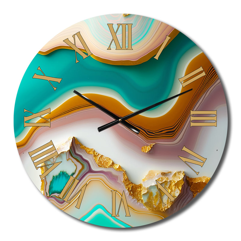 Horloge murale en métal agate liquide Blue Turquoise Agate III, Moyenne