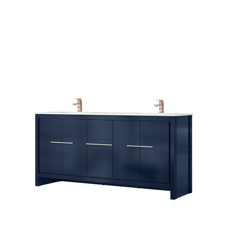 Ensemble de meuble-lavabo double bleu marine l 72 po x P 20 po, comptoir en quartz blanc et robinet en or rose