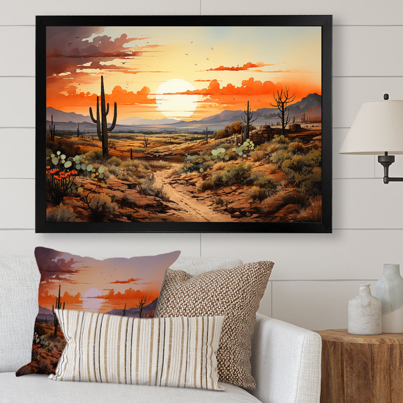 Silhouette orange, Cactus, lever de soleil - Cactus, art mural, Cadre d'angle fermé noir, H 24 po x l 32 po x P 1 po