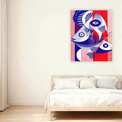 Red-Blue Geometric Fish Unframed Canvas Wall Art  24" X 36"
