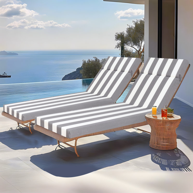 2 Pcs Set Indoor/Outdoor Chaise Lounge Chair Cushion, Gray/White Stripe