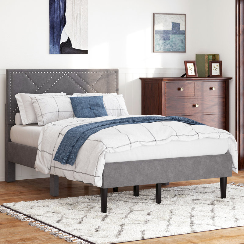 Lit double moderne - tête de lit en lin avec rangement, gris carbone, sans sommier, cadre avec tête de lit robuste, silencieux, sous espace (gris carbone)